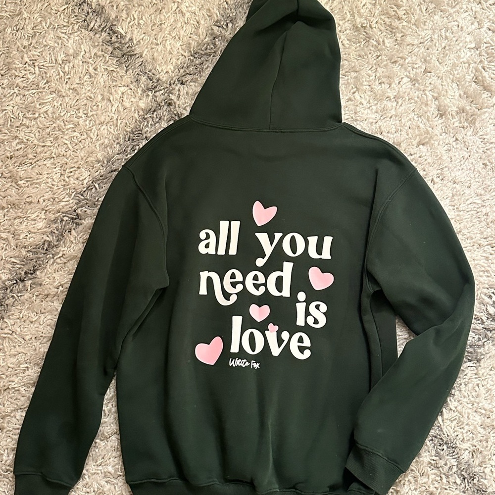 White Fox Hoodie All You Need Is Love Sweatshirt Dark Green L/XL